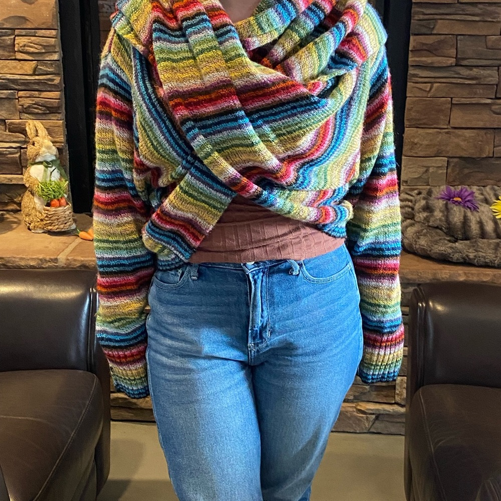 Design Options Vintage Knit Multi Color Wrap Crossover Sweater Scarf L/XL